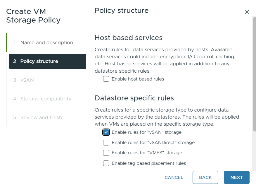 已选中“为‘vSAN’存储启用规则”。