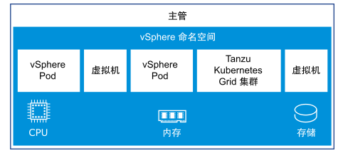 此图显示了 vSphere 命名空间 在 主管 内运行，vSphere Pod、虚拟机和 TKG 集群则在该命名空间内运行。