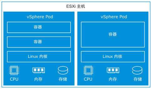 包含两个 vSphere Pod 框的 ESXi 主机。每个 vSphere Pod 内都有正在其中运行的容器、Linux 内核、内存、CPU 和存储资源。