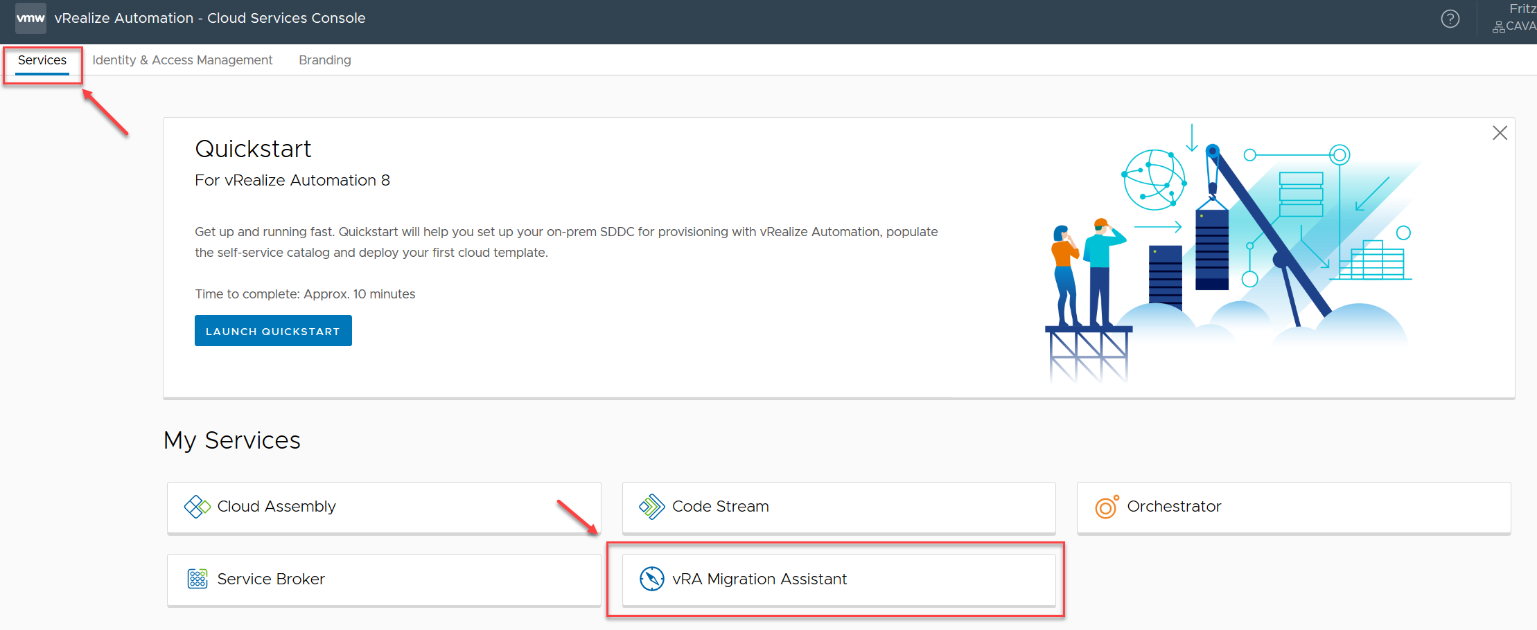在主 Cloud Services 登录页上选择“vRA Migration Assistant”图标。