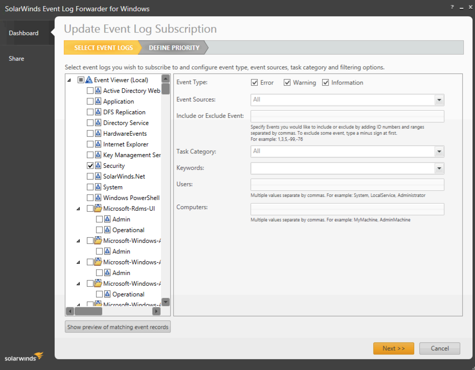 Integrace Microsoft RADIUS – Aktualizace odběru protokolu události (Microsoft RADIUS Integration - update event log subscription)