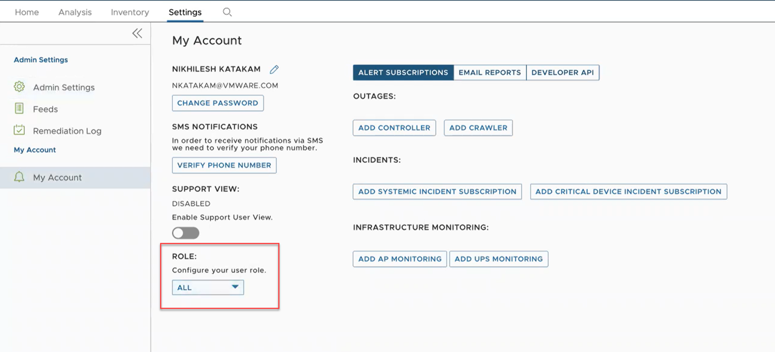 Tento snímek obrazovky ukazuje, jak konfigurovat uživatelskou roli z nastavení Můj účet (My Account).