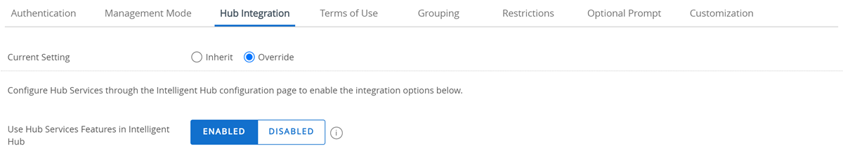 dette delvise skærmbillede viser fanen Hub-integration for indstillinger for tilmelding