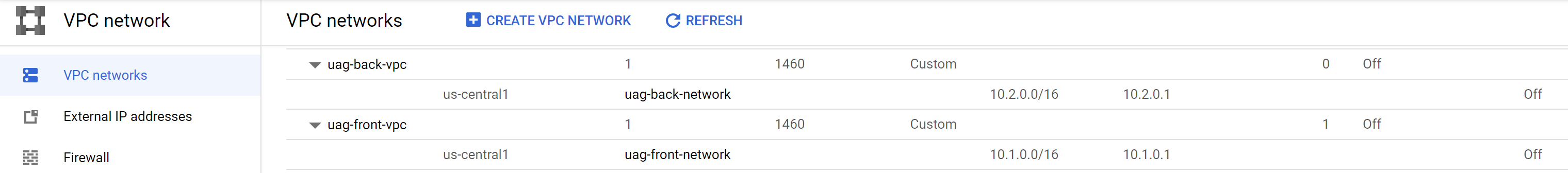 Zwei VPC-Netzwerke (uag-back-vpc und uag-front-vpc) werden in der Google Cloud Console erstellt. Diese VPC-Netzwerke weisen jeweils „uag-back-network“ und „uag-front-network“ als Subnetze auf. 