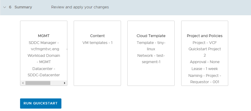 Abschnitt „Übersicht“ des VCF-Assistenten. Er zeigt das Datencenter, den Inhalt, die Cloud-Vorlage sowie Projekte und Richtlinien.