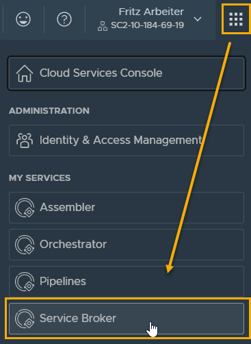 Das Anwendungsmenü oben rechts auf der Seite wird geöffnet, und Automation Service Broker wird hervorgehoben.