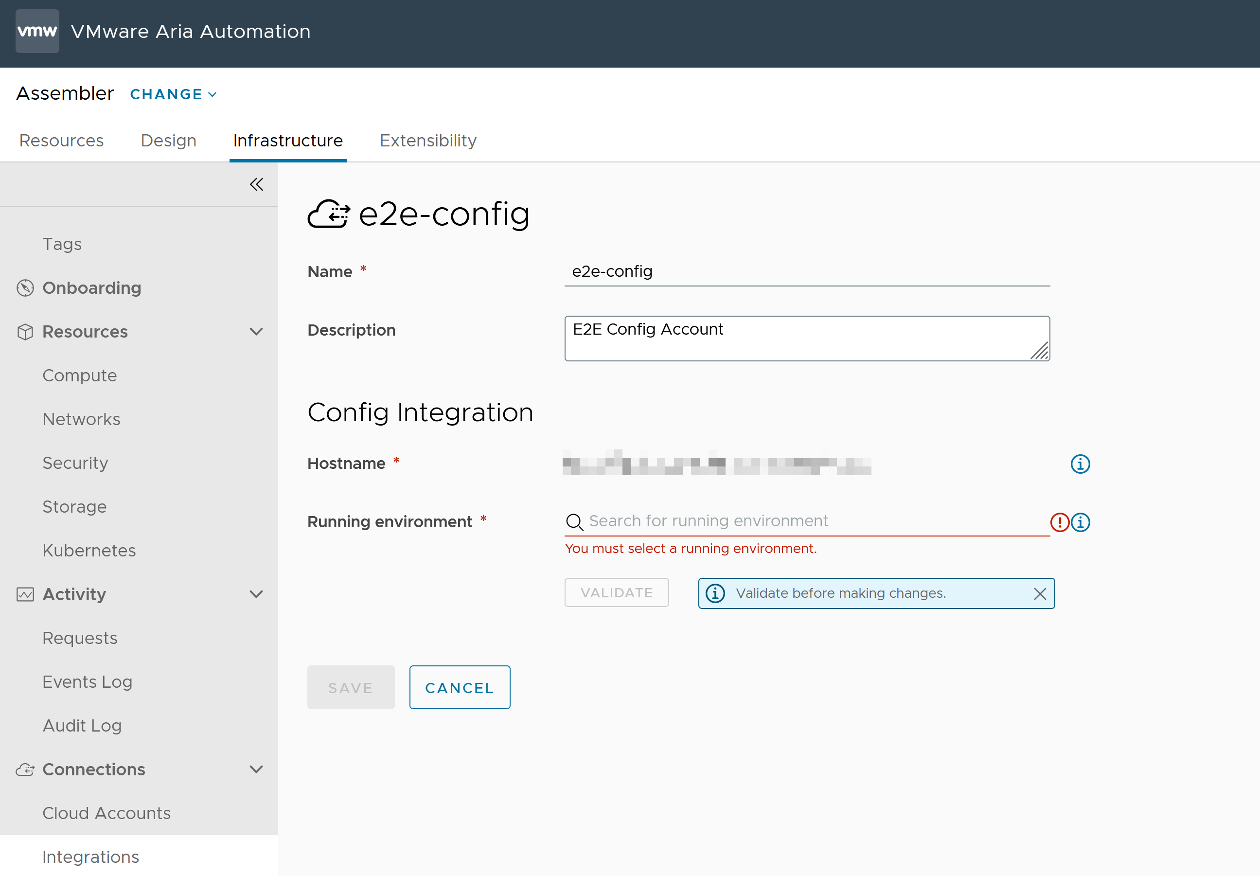 Formular zum Erstellen einer neuen Integration in Automation Assembler