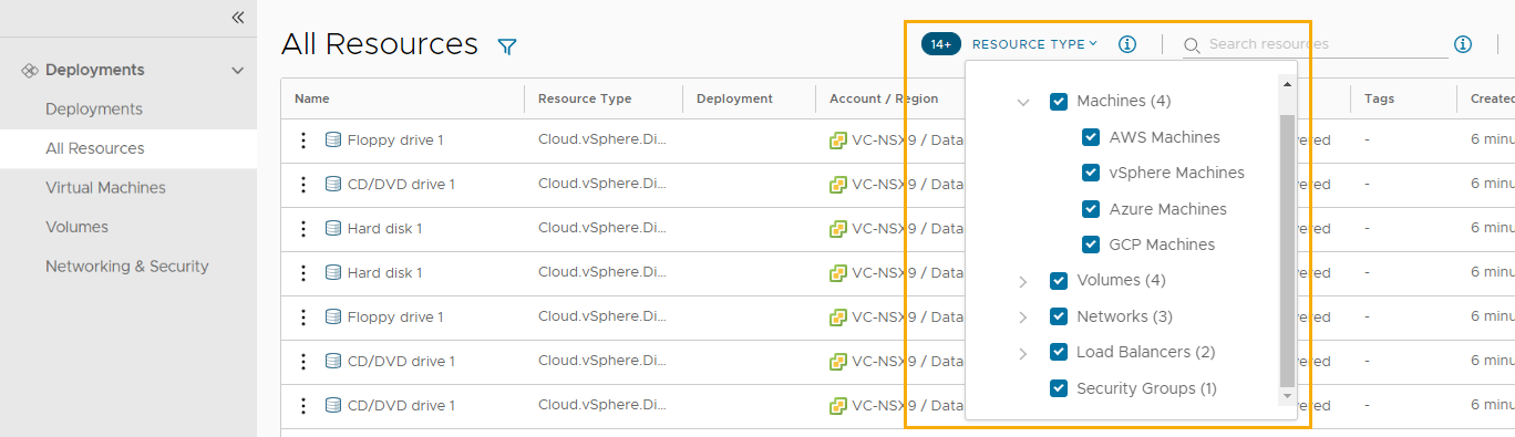 Screenshot der Seite „Alle Ressourcen“, auf dem die Kachel „Ressourcentyp“ geöffnet und aktiv ist.