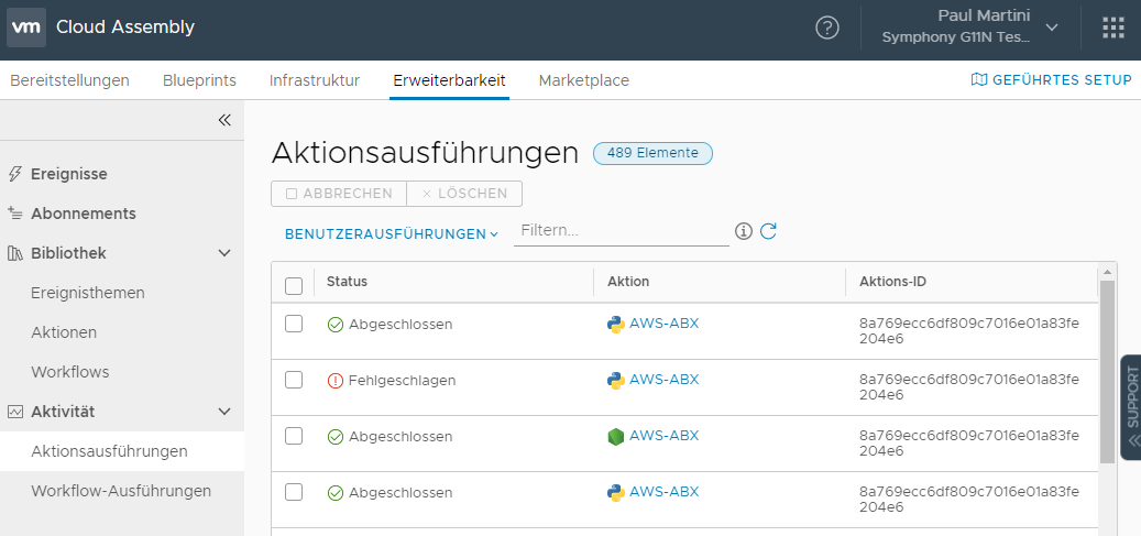 Auf der Seite „Aktionsausführungen“ wird der Status der abgeschlossenen Aktionsausführungen angezeigt. Der Status der Aktionsausführungen kann „Abgeschlossen“ oder „Fehlgeschlagen“ lauten.