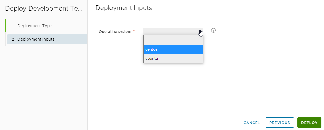 Der Abschnitt „Bereitstellungseingaben“ des Dialogfelds „Bereitstellen“. Die Eingaben enthalten das Dropdown-Menü mit den Optionen.