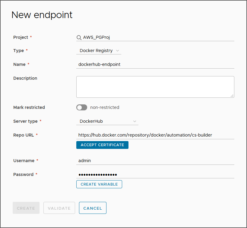 Wenn Sie einen Docker-Registrierungs-Endpoint hinzufügen, ist es wichtig, dass Sie das Zertifikat akzeptieren, da es vom Endpoint benötigt werden kann.