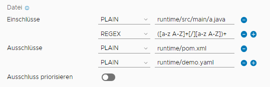 Die Dateieinschlüsse und Dateiausschlüsse werden als KLARTEXT-Paare oder REGEX-Paare mit Werten angezeigt.