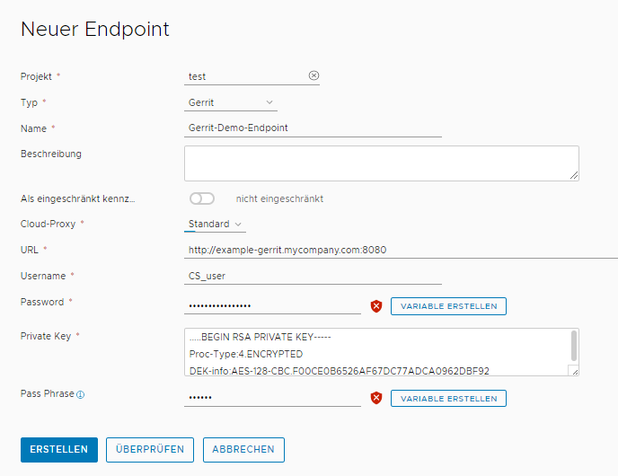 Wenn Sie einen Endpoint für den Gerrit-Auslöser hinzufügen, müssen Sie bestätigen, dass der Gerrit-Endpoint eine Verbindung mit dem Gerrit-Server herstellt.