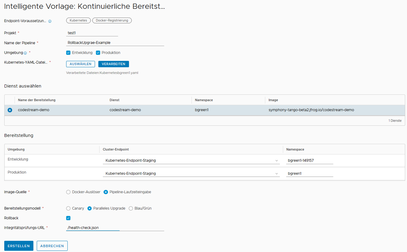 Wenn Sie eine Rollback-Pipeline erstellen, geben Sie die Details ein, wählen Sie einen Dienst, eine Bereitstellung und ein Bereitstellungsmodell aus und aktivieren Sie das Kontrollkästchen Rollback.