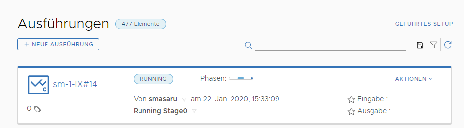 Wenn die Pipeline ausgeführt wird, wird der Status WIRD AUSGEFÜHRT angezeigt, und die Phasensymbole zeigen den Fortschritt an.