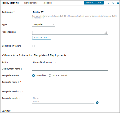 Die Cloud-Vorlagenaufgabe kann eine VMware-Cloud-Vorlage in Automation Assembler verwenden oder eine Vorlage aus der Quellcodeverwaltung in einem GitLab- oder GitHub-Repository entnehmen.