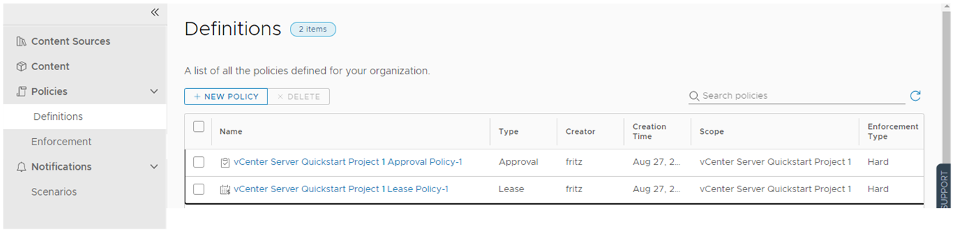 Vom Schnellstart erstellte Lease-Richtlinie.