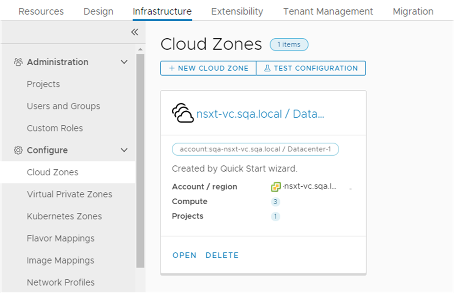 Cloud-Zonen, die durch den Schnellstart erstellt wurden