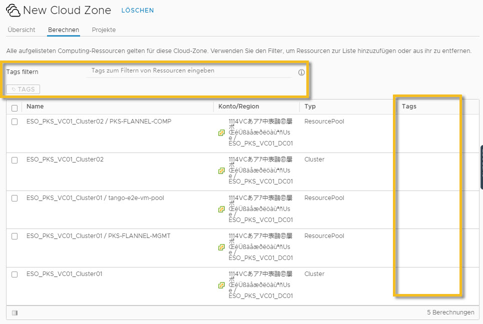 Bildschirm mit einer Cloud-Zone, in der Berechnungen keine Tags enthalten