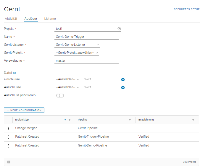 Die Konfiguration für den Gerrit-Listener und -Auslöser enthält die Ereignistypen und die Pipelines, die ausgelöst werden können.