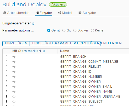 Die Gerrit-Eingabeparameter, die Sie in die Pipeline eingeben können, werden auf der Registerkarte Eingabe angezeigt.