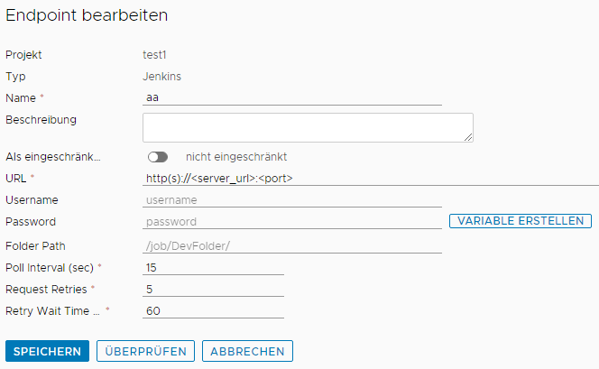 Der Jenkins-Endpoint, der Ihren Code erstellt und testet, benötigt die URL und ermöglicht Ihnen, eine Variable zu erstellen, die das Benutzerkennwort speichert.