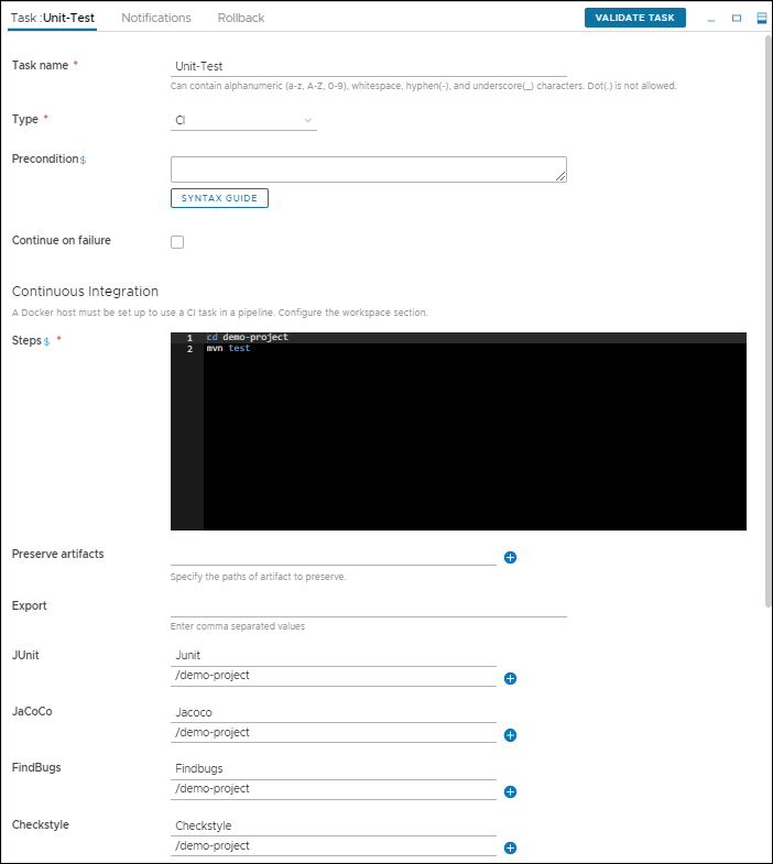 Um Ihren Code zu testen, konfigurieren Sie die CI-Aufgabe mit Schritten und Build-Tools für die Nachbearbeitung.