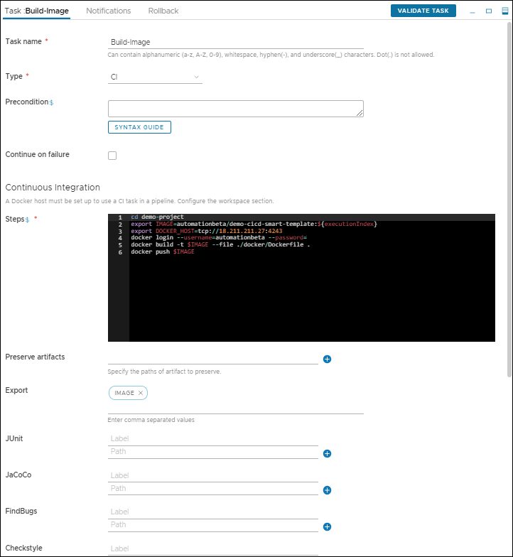 Fügen Sie die Schritte und den Exportschlüssel in der CI-Aufgabe hinzu, um Ihr Image auf Ihrem Docker-Host zu veröffentlichen.