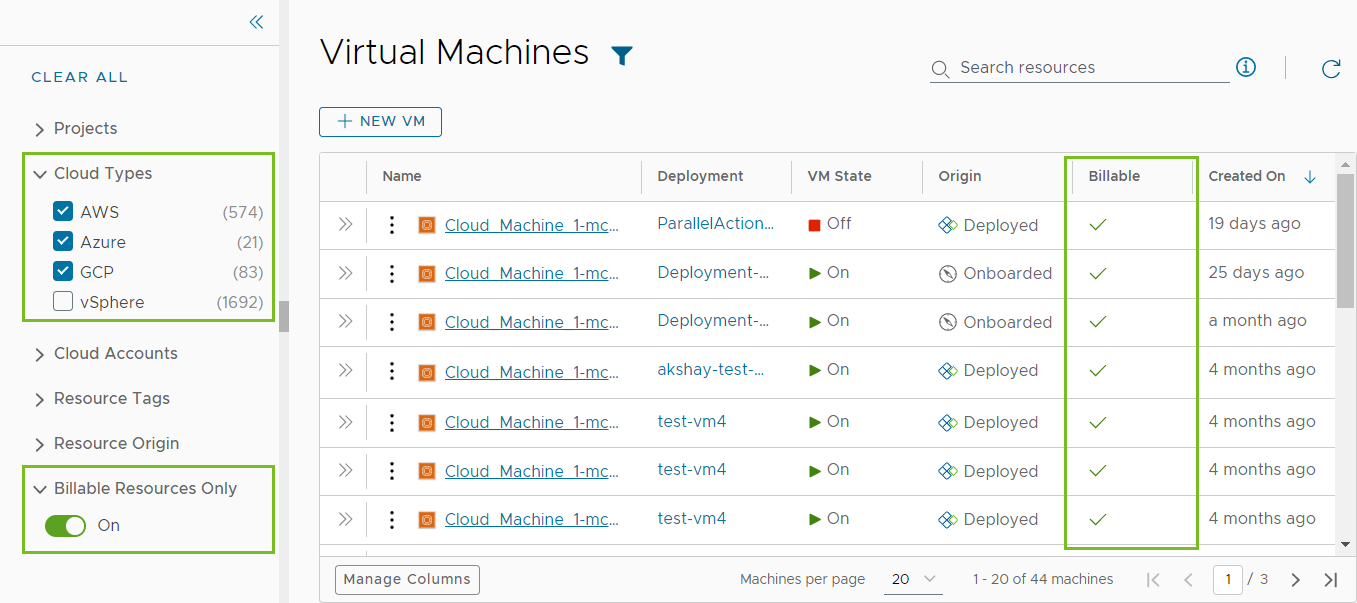 Liste der Public Cloud-VMs nach Anwendung des Filters „Nur fakturierbare Ressourcen“.