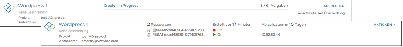 Auf Bereitstellungskarten werden die Statusangaben „In Bearbeitung“ und „Erfolgreich“ für eine Anforderung angezeigt