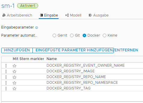 Wenn Sie einer Pipeline Eingabeparameter hinzufügen, klicken Sie auf die Registerkarte Eingabe und wählen den Parametertyp aus, z. B. Gerrit, Git oder Docker.