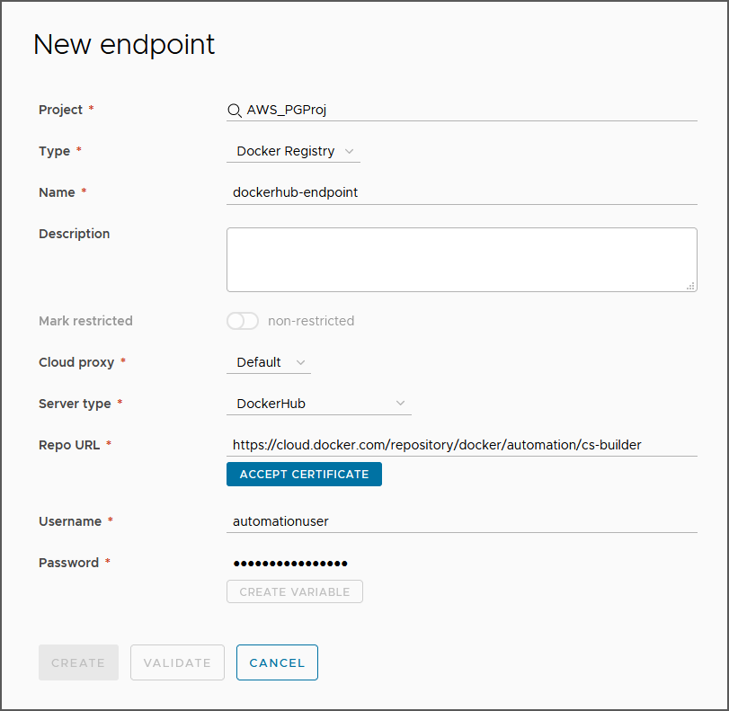 Wenn Sie einen Docker-Registrierungs-Endpoint hinzufügen, müssen Sie das Zertifikat akzeptieren, da es vom Endpoint benötigt werden kann.