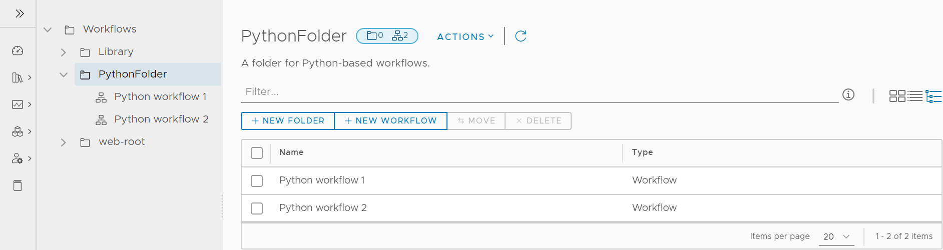 Der Automation Orchestrator-Client zeigt die Seite „Workflows“ in der Baumansicht an.