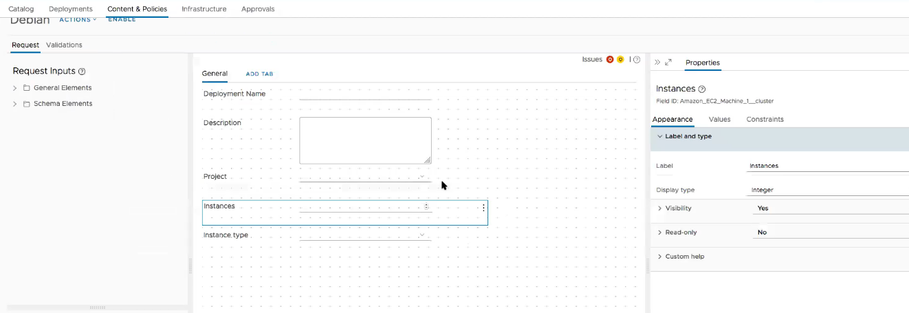 Die Details der Cloud-Vorlage werden mit benutzerdefinierten Formularfeldern und vRO-Workflows angezeigt.