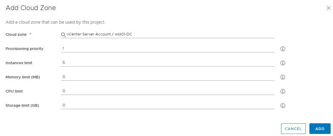 Das Dialogfeld „Cloud-Zone hinzufügen“ unter „Projekte“, auf das über die Registerkarte „Bereitstellung“ zugegriffen wird.