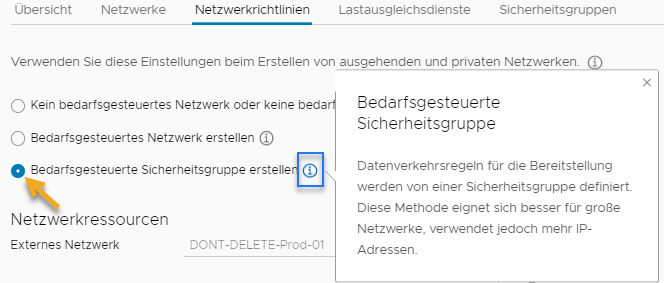 Benutzeroberfläche des Netzwerkprofils, in der die Option „Bedarfsgesteuerte Sicherheitsgruppe erstellen“ ausgewählt ist.