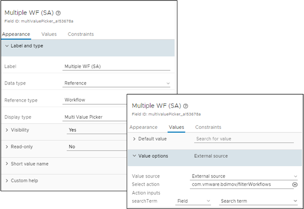 Zusammengesetzter Screenshot, der den Referenzdatentyp und den Workflow-Datentyp mit der Registerkarte „Werte“ zeigt. Die Registerkarte „Werte“ enthält die externe Quelle mit der Aktion und der Feldbindung.