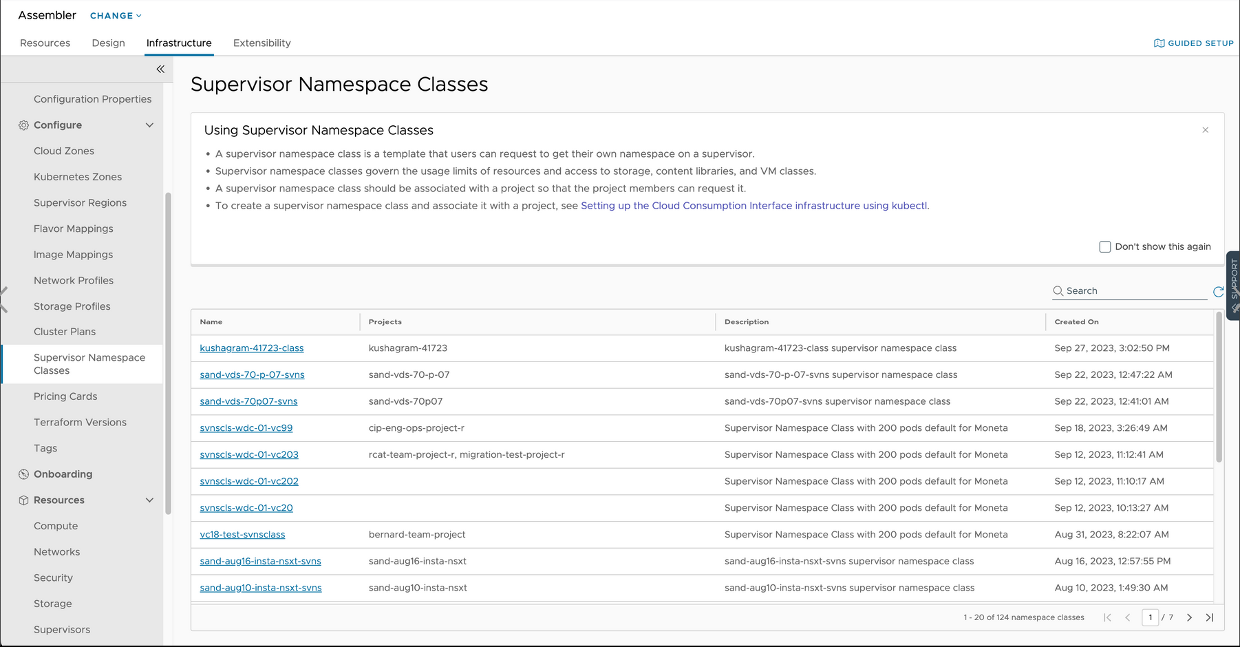 CCI-Benutzeroberfläche für Administratoren – Supervisor-Namespace-Klassen