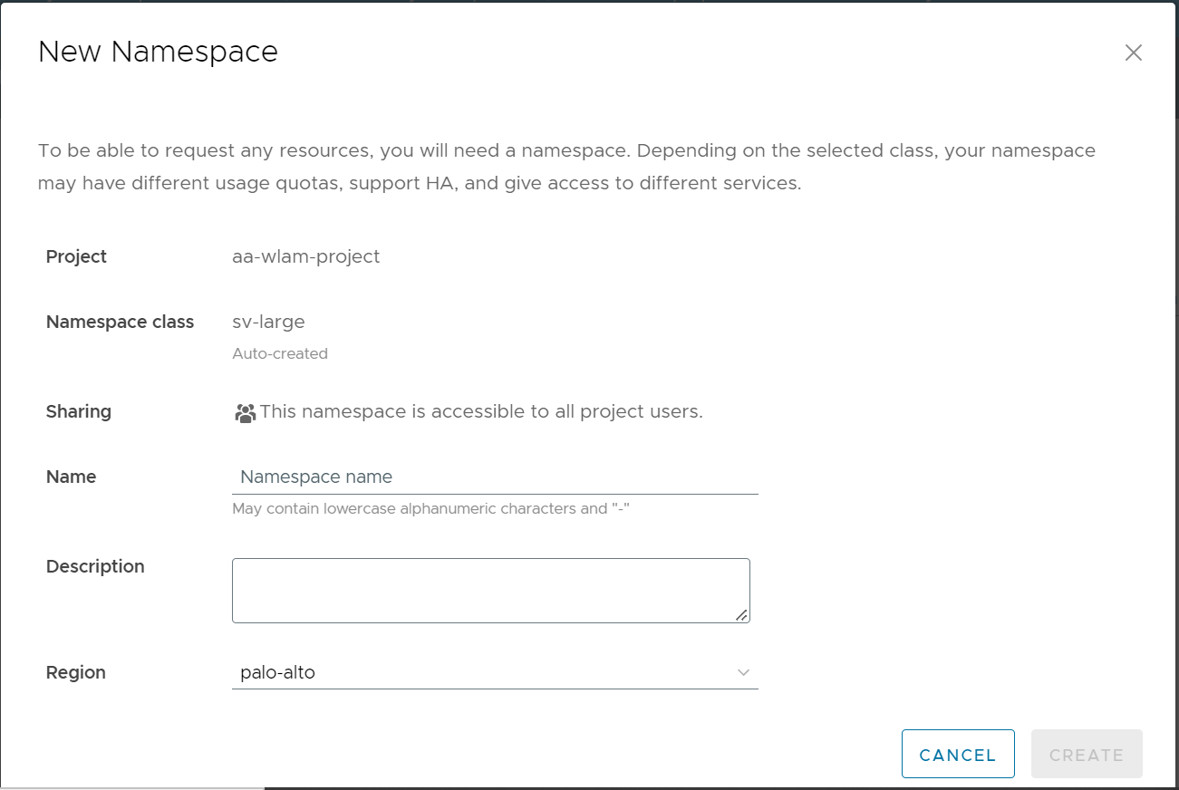 CCI-Dialog zum Erstellen eines Namespace