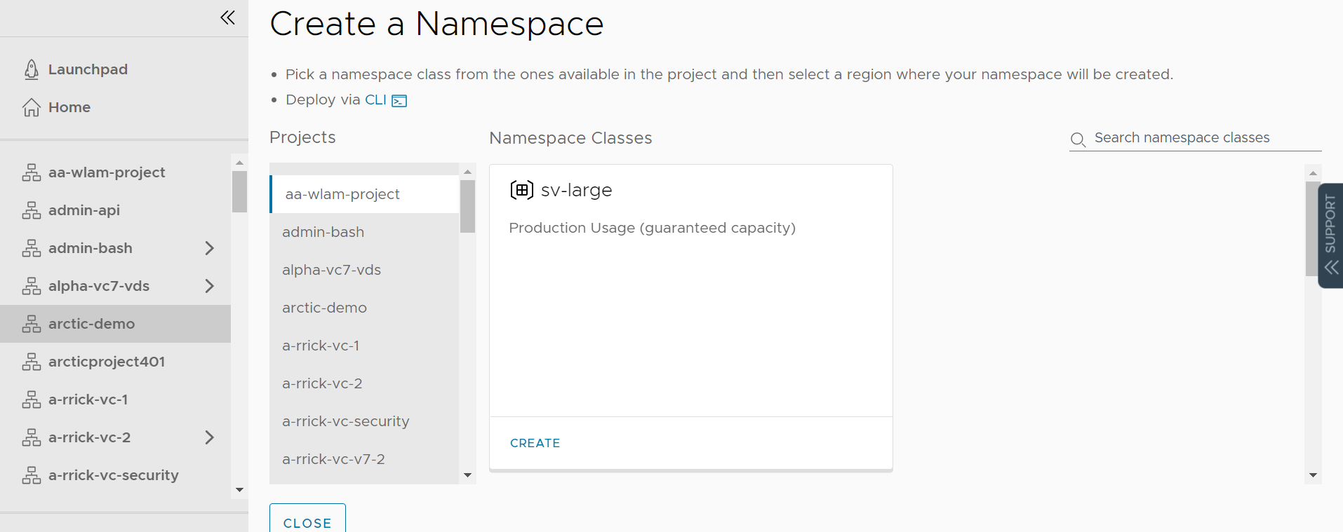 CCI-Seite zum Erstellen von Namespaces