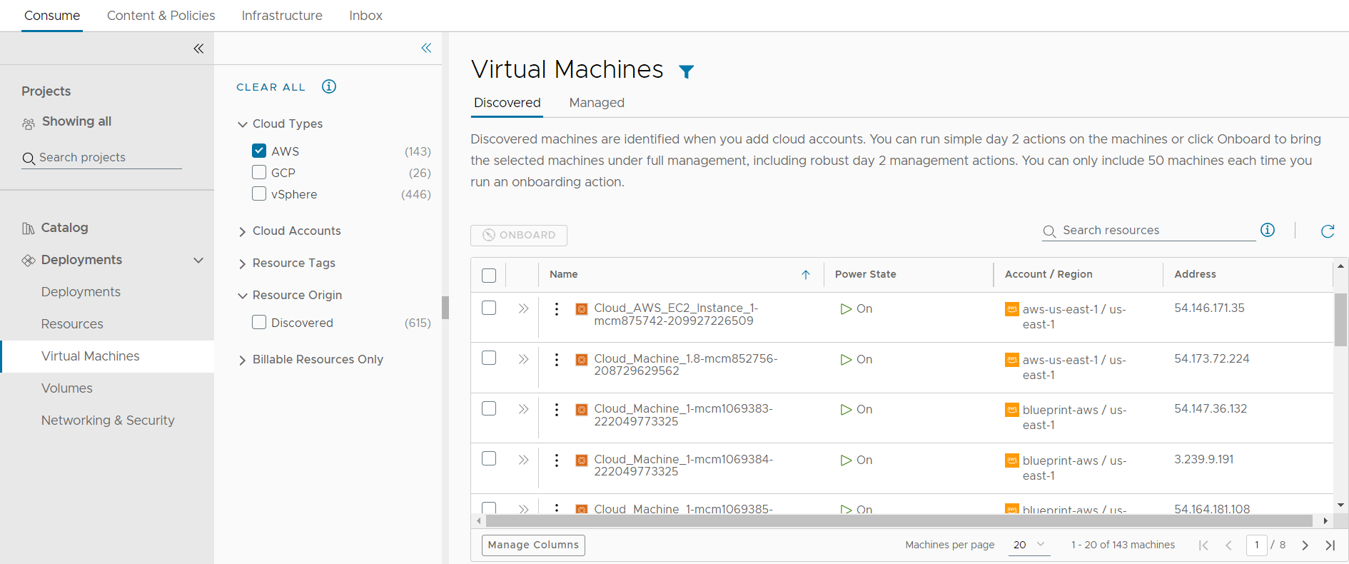 Screenshot der Seite „Virtuelle Maschine“ mit dem Filter „AWS“ und „Erkannt“ und der angewendeten mysql-Suche.