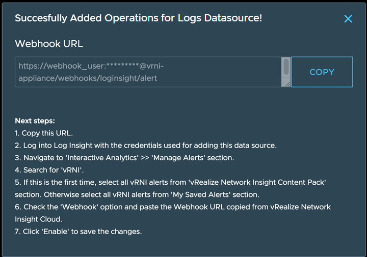 Im Popup-Fenster werden die Webhook-URL und die Schritte zum Aktivieren der URL für VMware Aria Operations for Logs angezeigt.