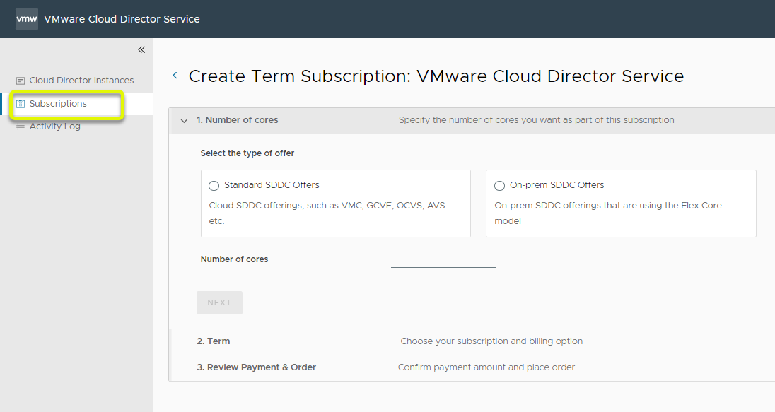 Ein Screenshot der Registerkarte „Abonnements“ der VMware Cloud Director service-Benutzeroberfläche mit dem ersten Bildschirm des Assistenten „Abonnement erstellen“