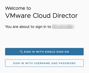 VMware Cloud Director-Anmeldeseite mit Schaltflächen für die SSO-Anmeldung und die Anmeldung als lokaler Benutzer.