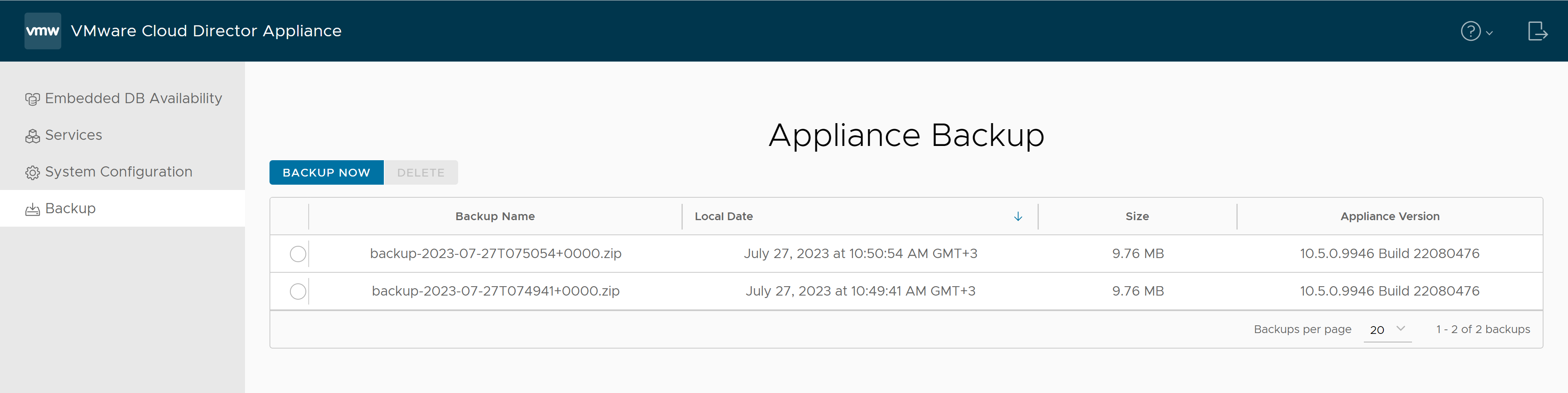 Auf der Registerkarte „Sicherung“ der Verwaltungsbenutzeroberfläche der VMware Cloud Director-Appliance finden Sie Details zu allen vorhandenen Sicherungen.