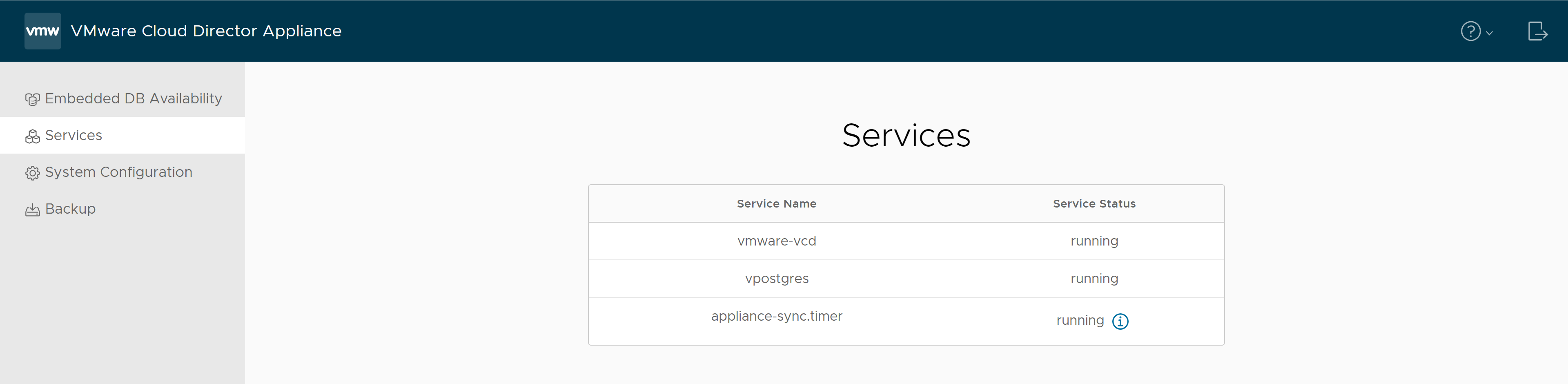 Auf der Registerkarte „Dienste“ der Verwaltungsoberfläche der VMware Cloud Director-Appliance werden Dienstnamen und deren Status angezeigt.