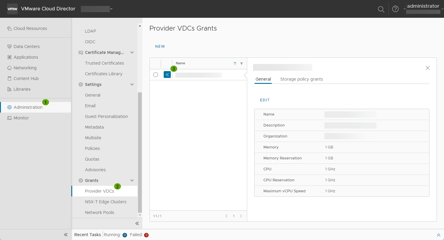 Sie können das VMware Cloud Director Tenant Portal verwenden, um alle Provider-VDC-Zuteilungen für eine bestimmte Unteranbieterorganisation anzuzeigen.