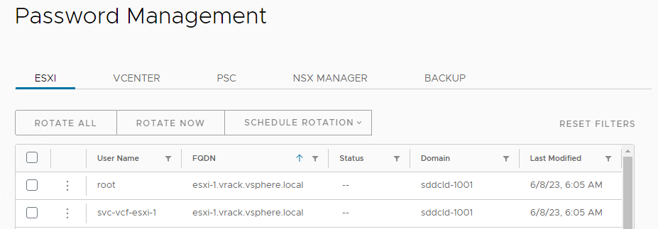 Kennwortverwaltungsoptionen für ESXi-Konten.