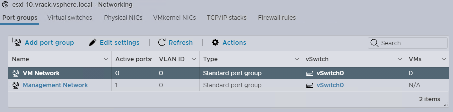 Die Registerkarte „Portgruppen“ für einen ESXi-Host im VMware Host Client.