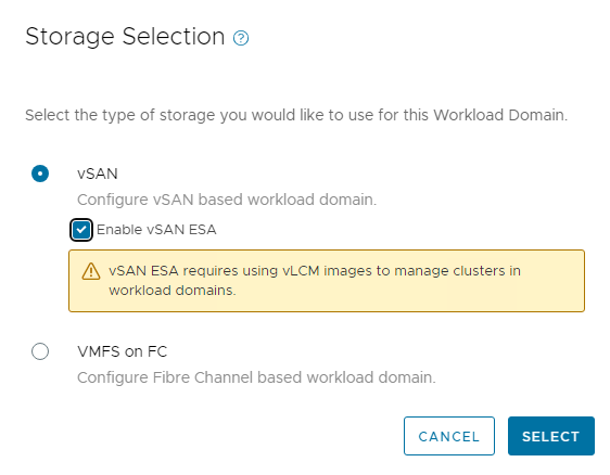 Fenster „Speicherauswahl“ mit vSAN- und VMFS auf FC-Optionen.